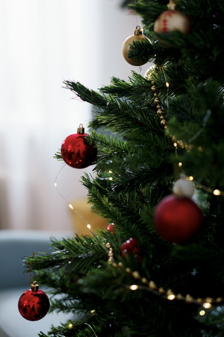 Red Baubles On Green Christmas Tree