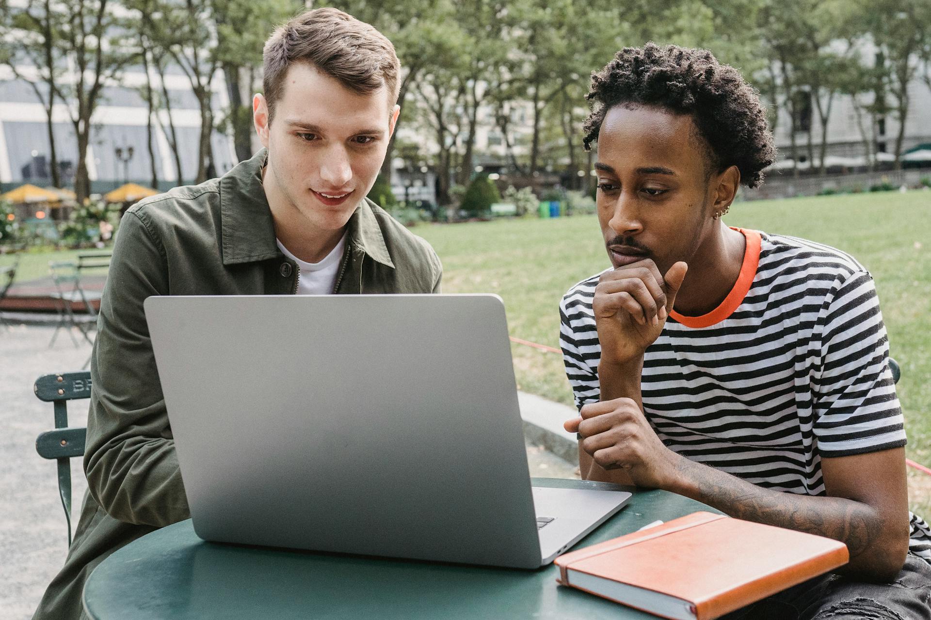 Two men collaborate and focus on a laptop in a city park, engaging in a productive outdoor study session.