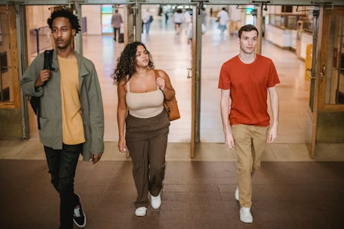 Group of multiethnic people walking together through opened doors in spacious shopping mall