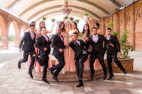 Free Group of groomsmen and bridesmaids having fun posing at a wedding. Stock Photo