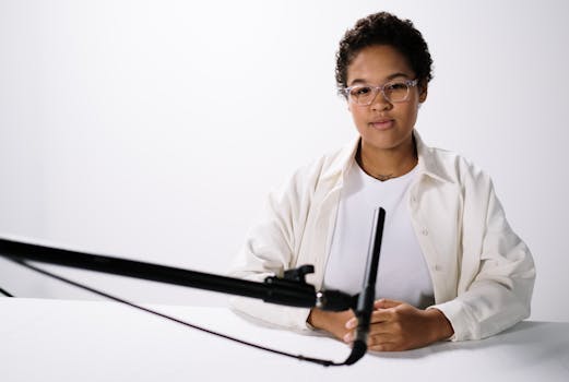 Portrait of woman in white shirt sitting at a table with a microphone in a studio setting.