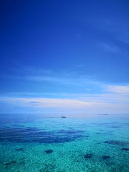A serene view of the turquoise ocean under a clear blue sky in the Maldives.