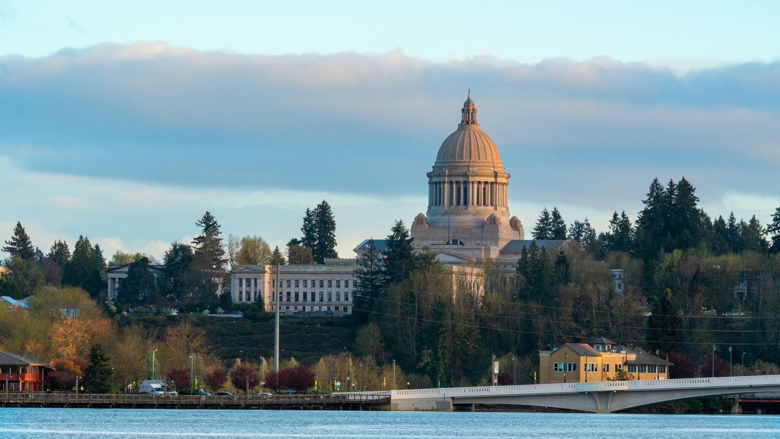 Scenic view of the Washington State Capitol in Olympia with surrounding nature.