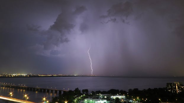 Dramatic scene capturing a lightning strike over a city with a reflection on the water at night.