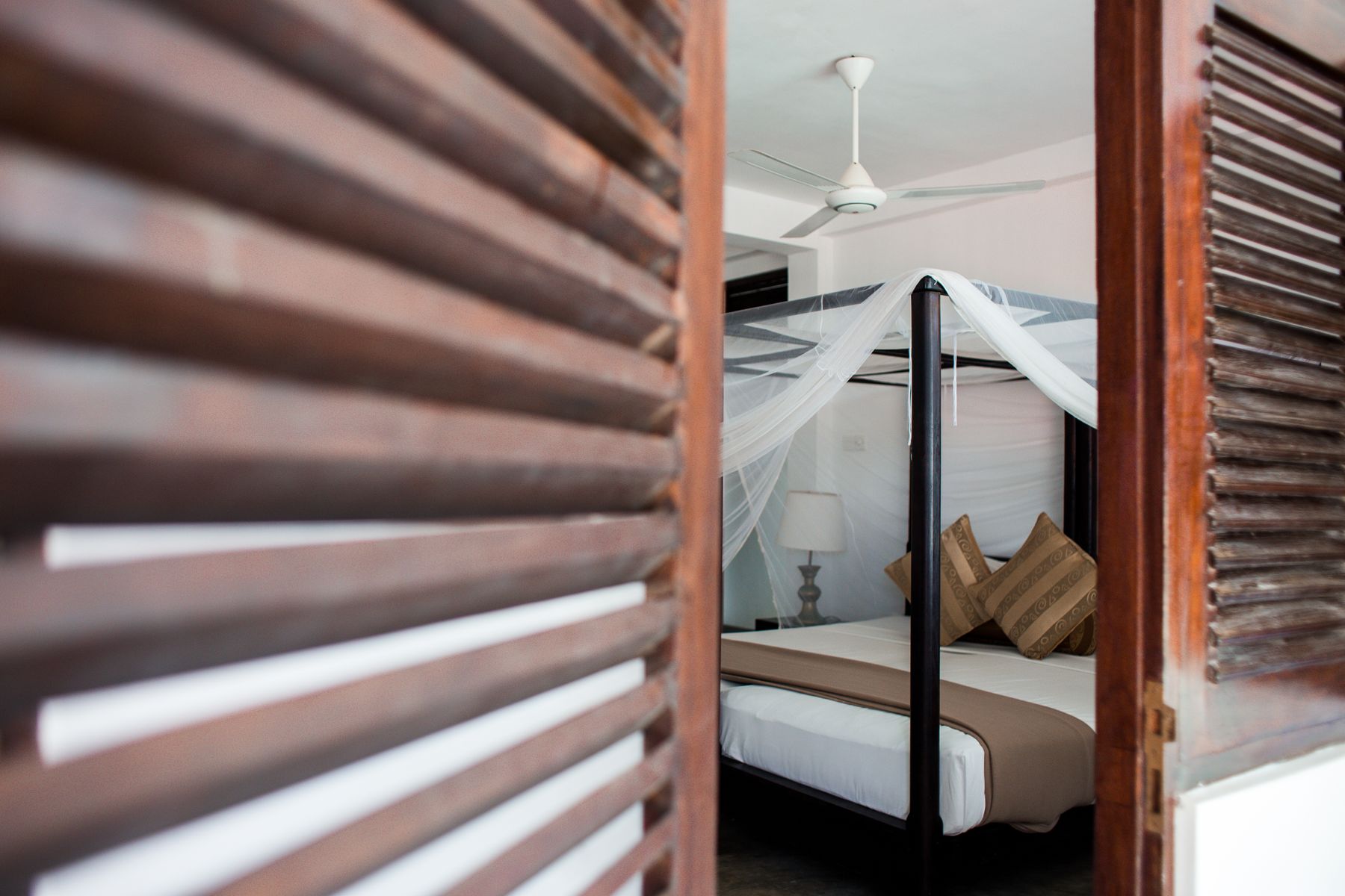 Pale bedroom seen through timber louvered shutters with warm wood flooring