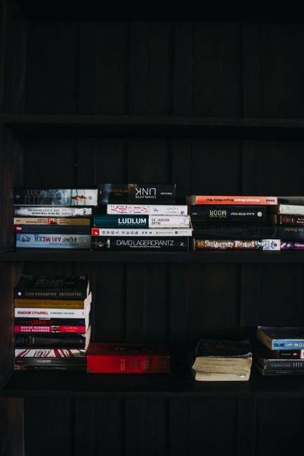 A collection of various books stacked on a dark wooden shelf in a quiet library setting.