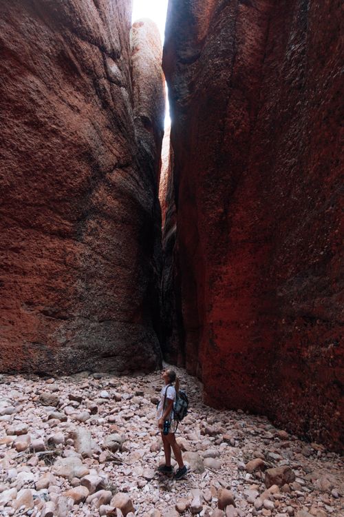 Free A woman stands in awe while exploring the striking red rock formations of a canyon, showcasing nature's beauty. Stock Photo
