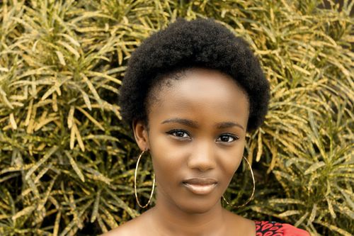 Free Elegant portrait of a young woman with natural hair and hoop earrings in a green setting. Stock Photo