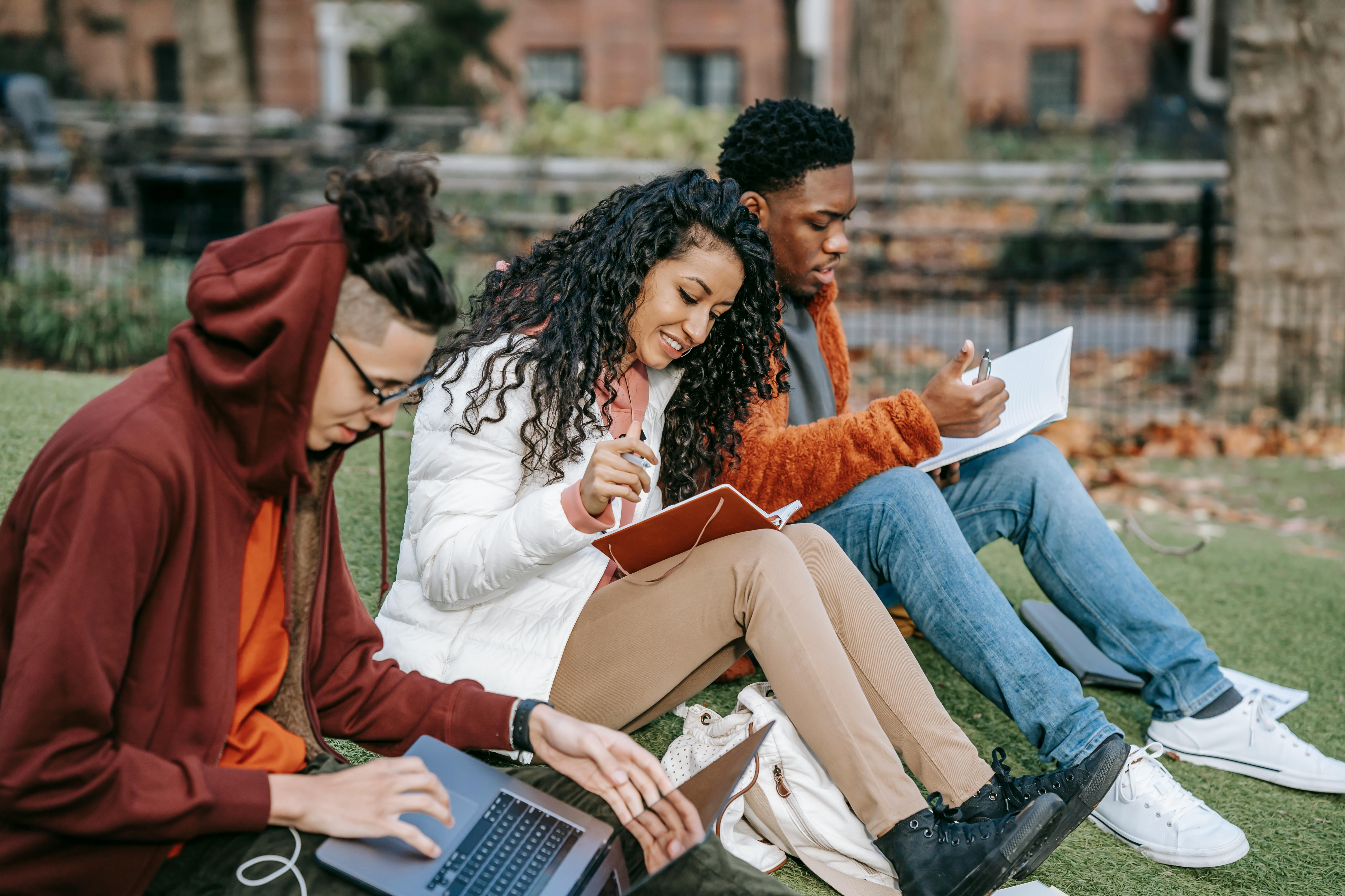 multiethnic students studying together in fall park