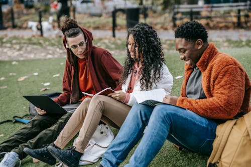 Group of multiracial classmates with notebooks browsing laptop and sitting on grassy lawn while doing homework assignment together on street
