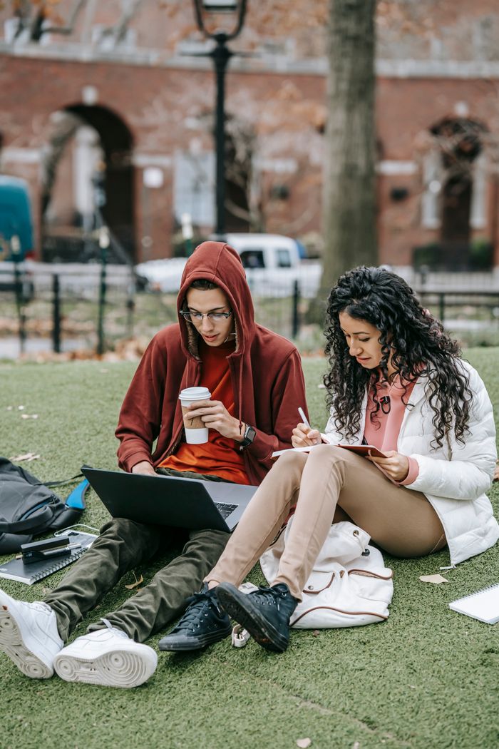 Students on campus lawn