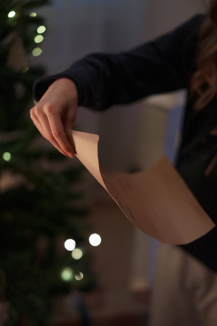 Hands Holding Paper Near Christmas Tree