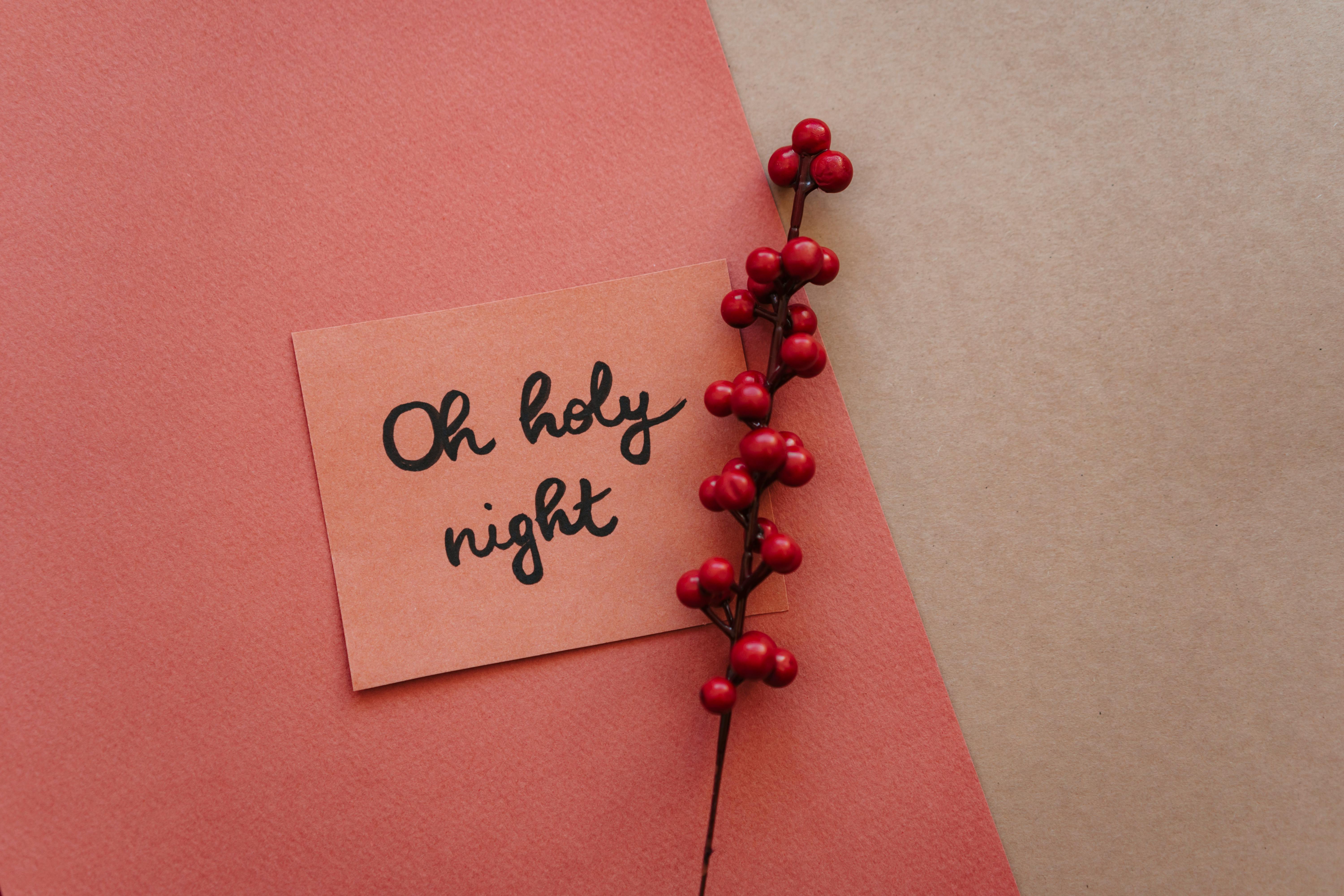 An elegant Christmas card featuring 'Oh holy night' with red berries on a pink background.