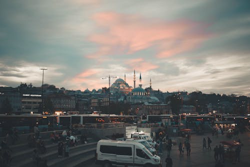 View of Suleymaniye Mosque from Harbor at Sunset in Istanbul, Turkey