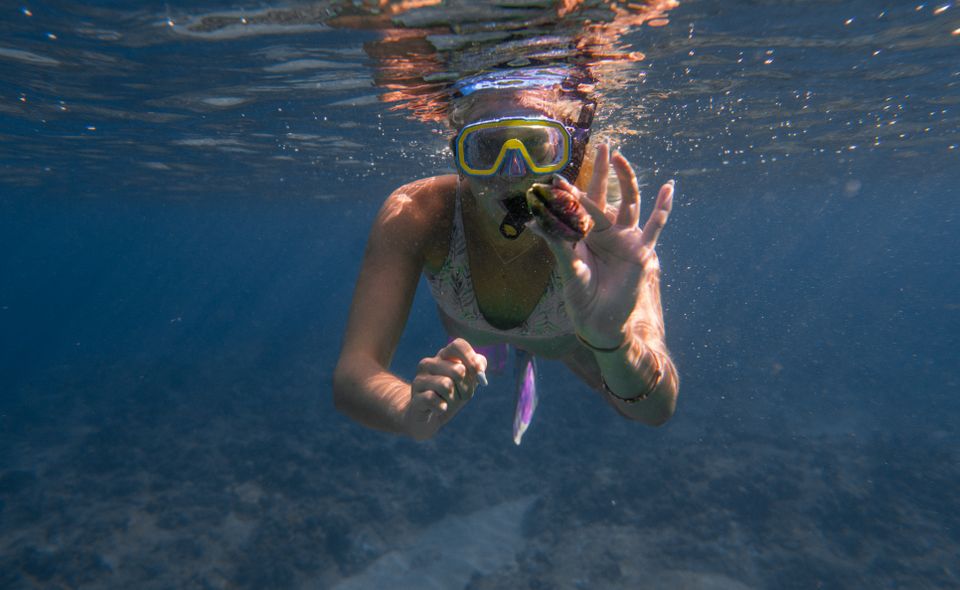 Snorkeler underwater making an okay hand gesture near the surface