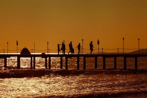 
A Silhouette of People Walking on a Pier during the Golden Hour