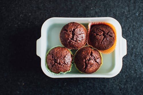 Chocolate Muffins on White Ceramic Tray