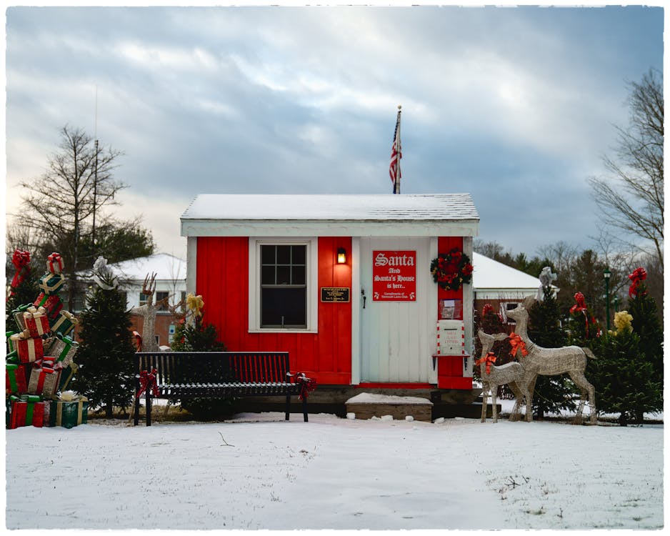 Small modern Santa house with USA flag and festive decorations