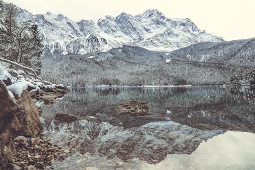 Mountain Lake Reflecting Snowcapped Mountains and Forests