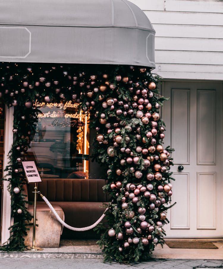 Exterior Of Modern Cafeteria In Christmas Decorations