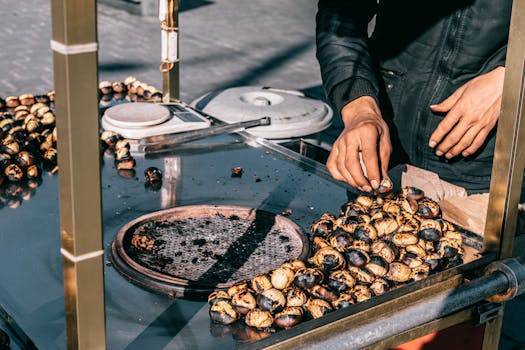 Street vendor roasting chestnuts outdoors in Istanbul, capturing the flavor and essence of Turkish street food.