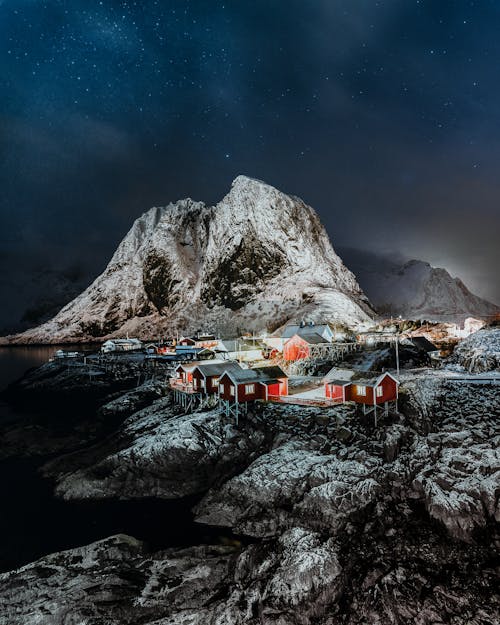 Small village near snowy mountains