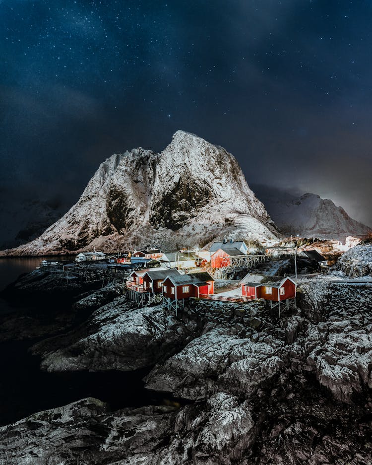 Small Village Near Snowy Mountains