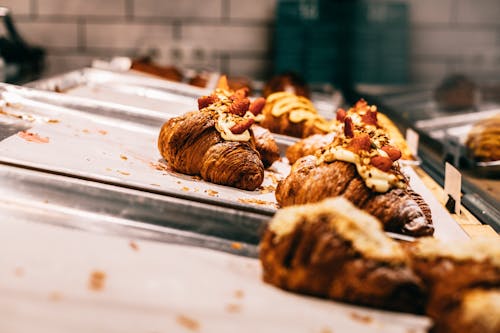 Free Delicious baked croissants on trays Stock Photo