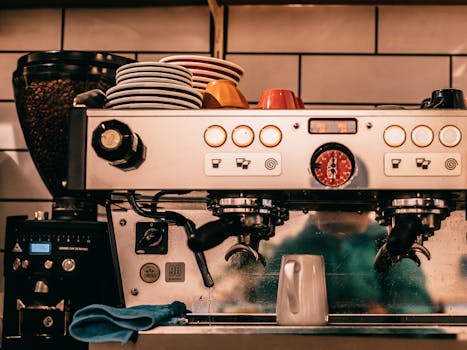 A stainless steel coffee machine in a cozy café, ready to brew delicious coffee.