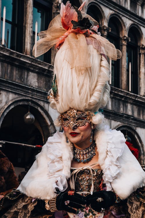 

A Woman Wearing a Costume with a Mask