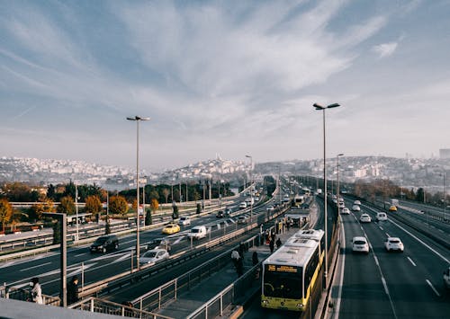 Busy highway near urban modern city