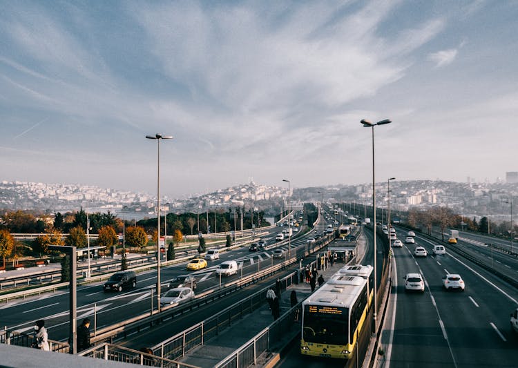 Busy Highway Near Urban Modern City