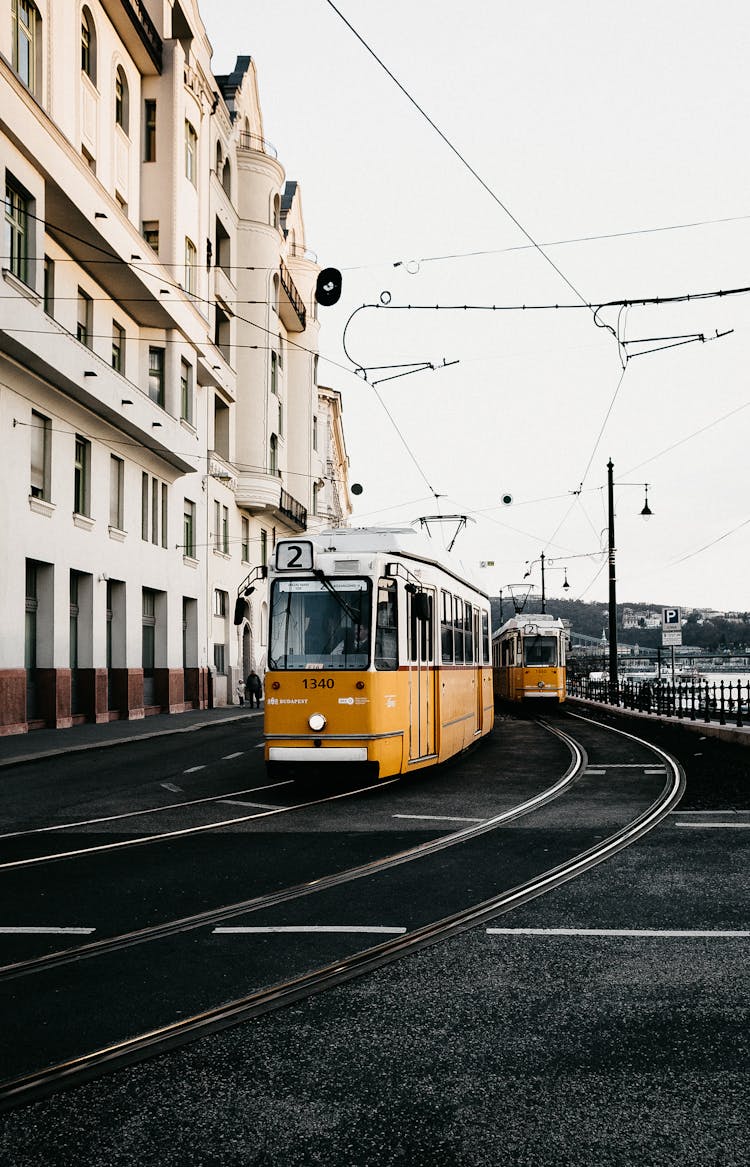 Trams On Railway On Embankment