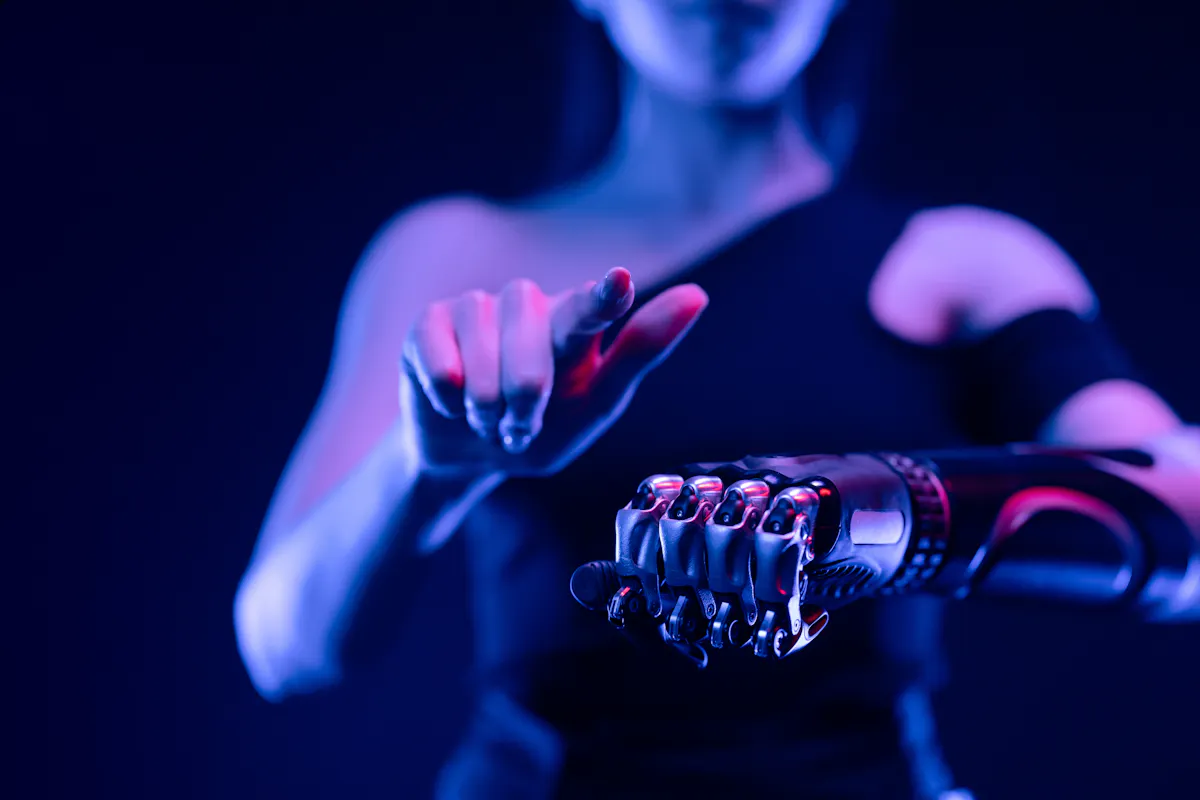 Woman with robotic arm touching a virtual interface in blue and pink lighting, representing future search