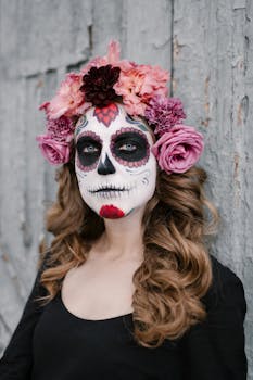 Woman with Day of the Dead makeup and floral headdress against rustic background.