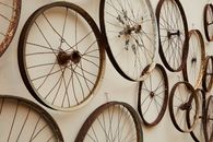 Spoke wheels hanging on wall