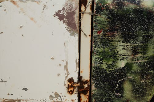 Old shabby metal door with rusty hinge near green wall