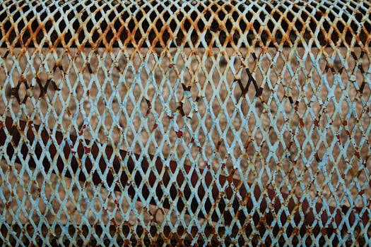 Full frame of weathered blue metal lattice with rusty parts and spots placed on fence in daytime