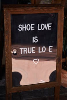 Chalkboard sign with 'Shoe Love is True Love' message, reflecting creative text style.