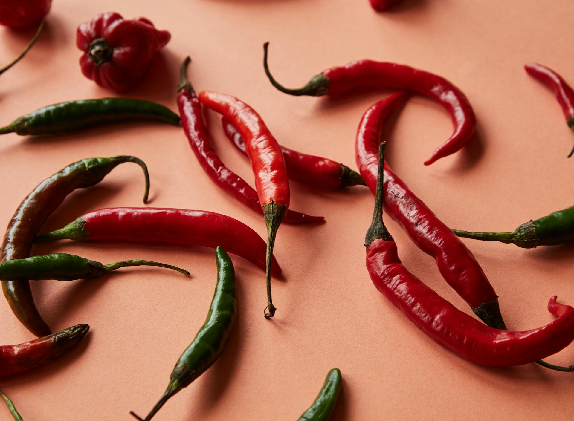 Different ripe red and green spicy chili peppers lying on coral background in bright studio