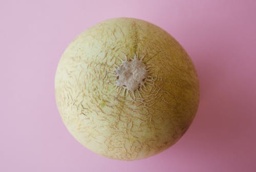 Whole yellow melon on pink surface