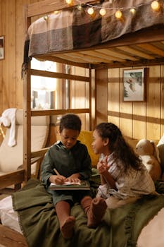 Two children enjoy storytelling and drawing in a cozy, warmly lit bedroom.