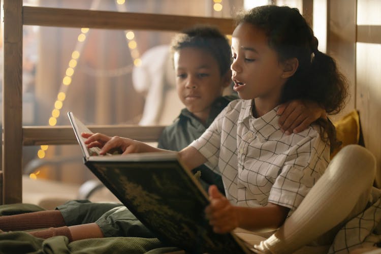 Two Kids Reading A Fairy Tale Book