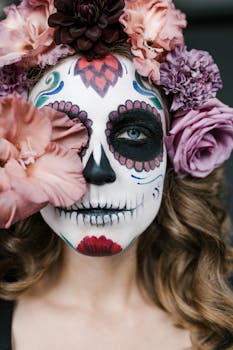Close-up of a woman's Dia de los Muertos makeup and flower crown.
