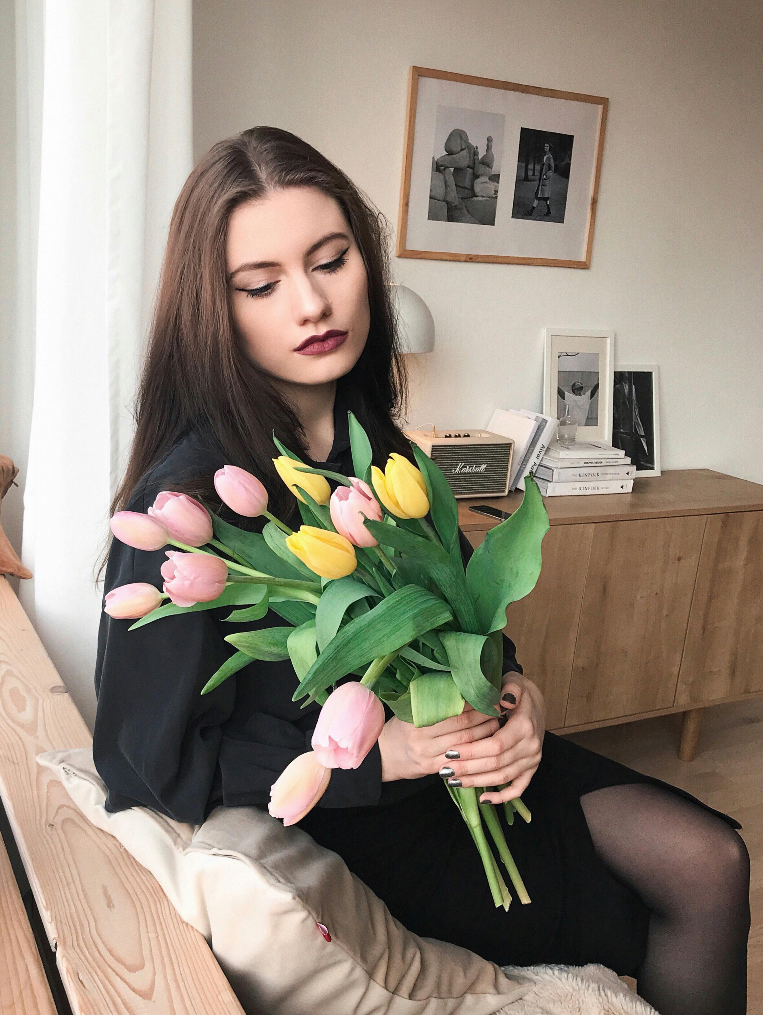 Woman Wearing Black Dress and Red Garter Belt Holding Bouquet · Free ...