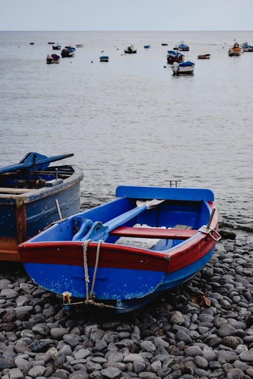 免費 藍色和棕色小船在岸上 圖庫相片