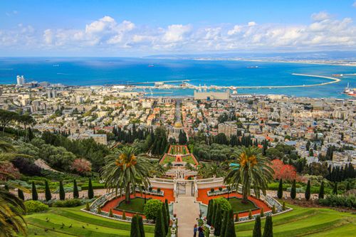 Free Stunning view of Haifa with the Bahá'í Gardens overlooking the city and Mediterranean Sea. Stock Photo