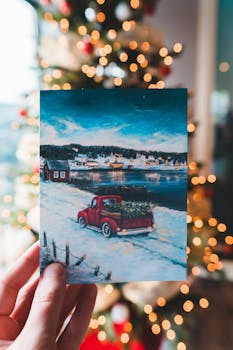 Crop unrecognizable person demonstrating postcard with fir tree in vehicle on snowy roadway during New Year holiday on bokeh background