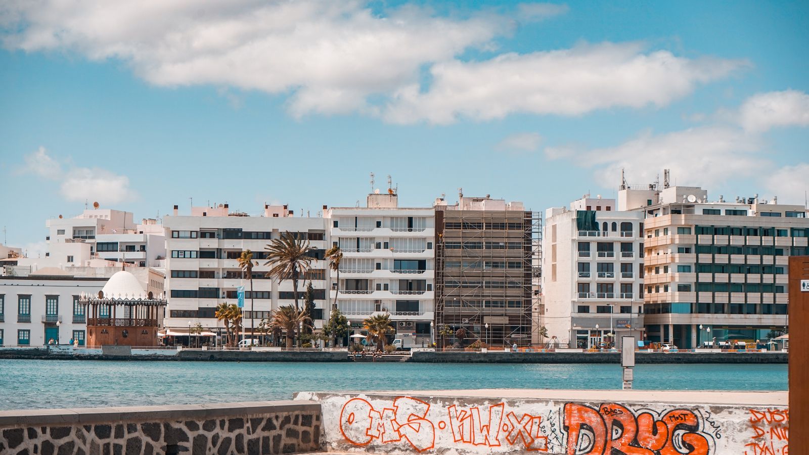 City skyline under blue sky and white clouds, Cabo Verde