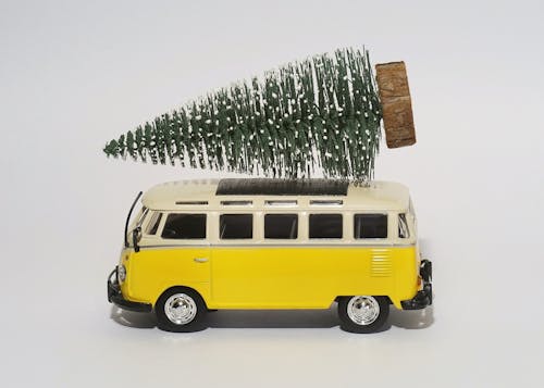 Yellow Van Scale Model with Christmas Tree on Top